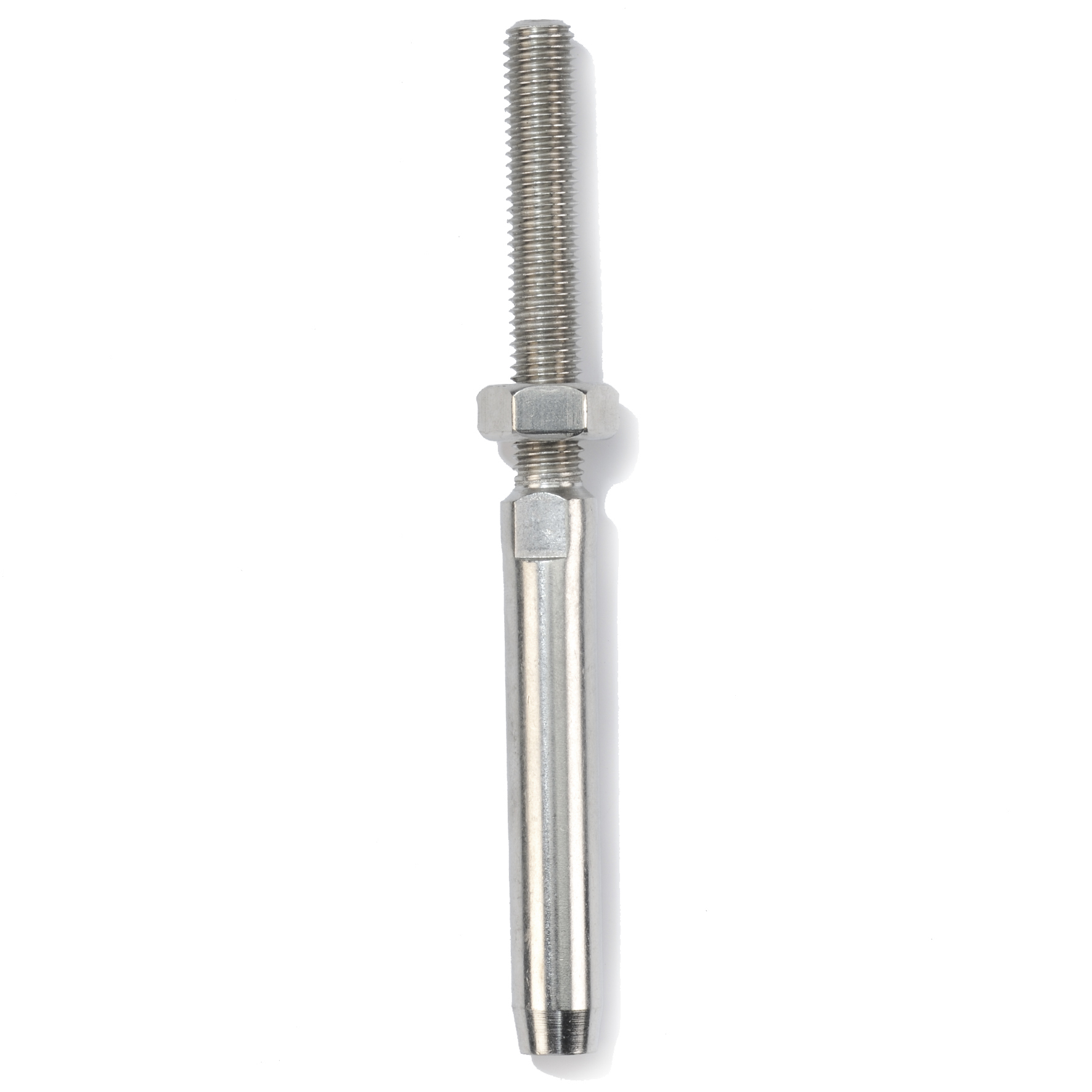 Metalen draadstang met moer en cilindrisch uiteinde op witte achtergrond
