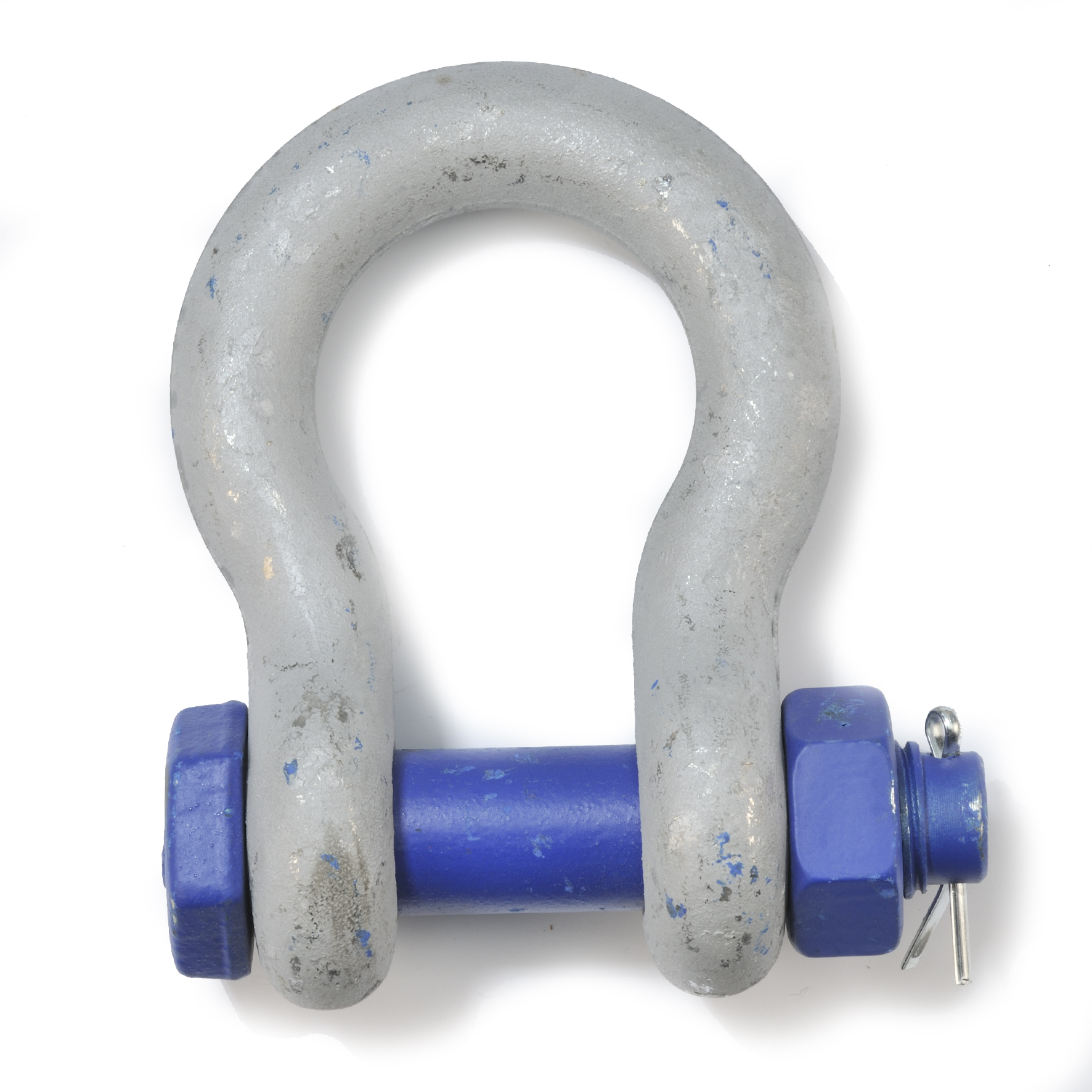 Grijze harpsluiting met blauwe bout en splitpen op witte achtergrond