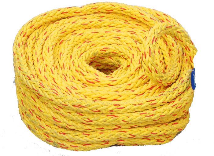 Opgerold geel touw met rode accenten op een witte achtergrond
