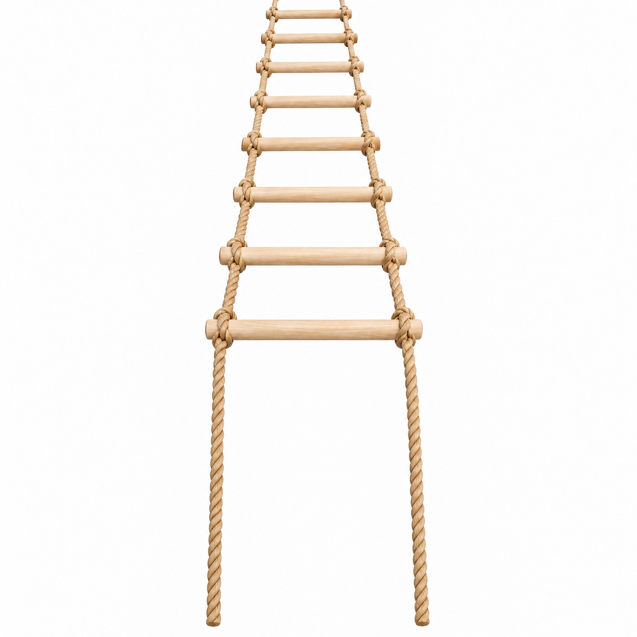 Rope ladder with wooden rungs on a white background