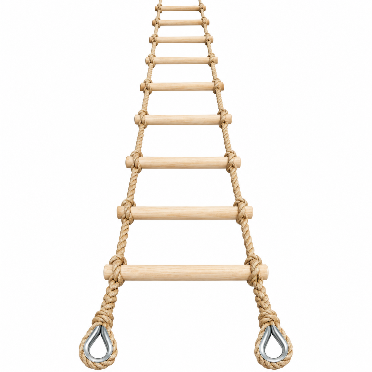 Rope ladder with wooden rungs and metal eyelets on a white background