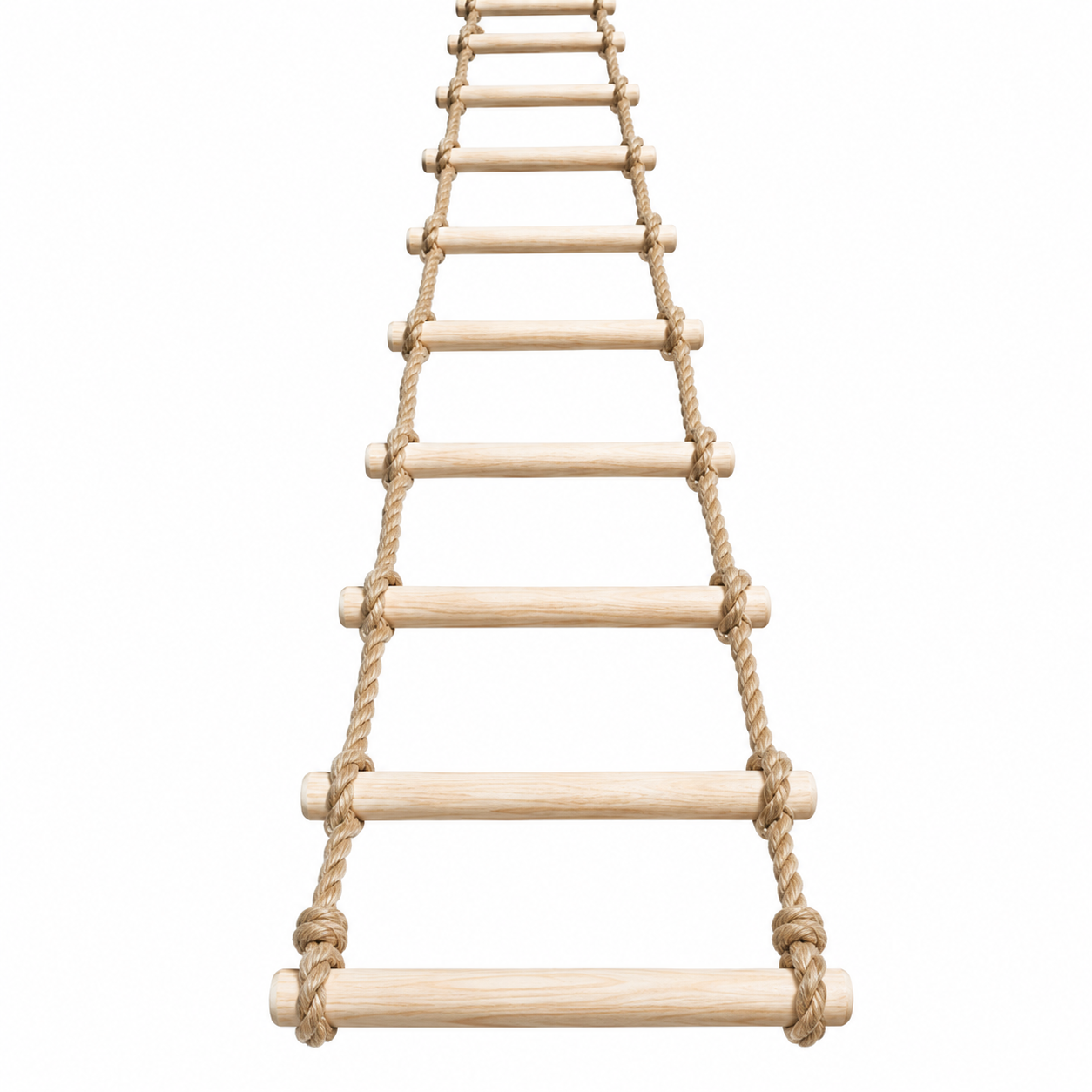 Rope ladder with wooden rungs against a white background