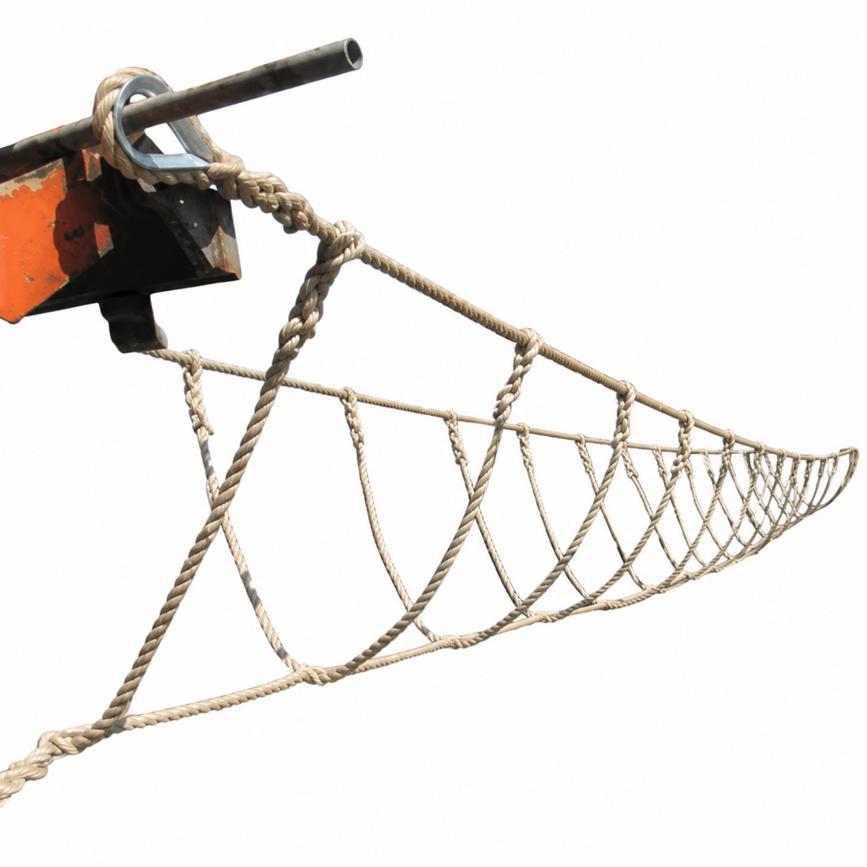 Rope ladder or climbing net attached to a metal tube and orange frame