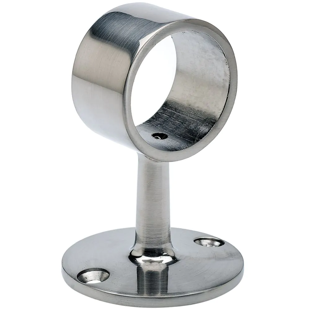 Metalen buishouder met ronde ring, verticale steun en ovale voetplaat met schroefgaten