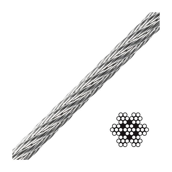 Metalen staalkabel diagonaal met doorsnedeweergave op witte achtergrond